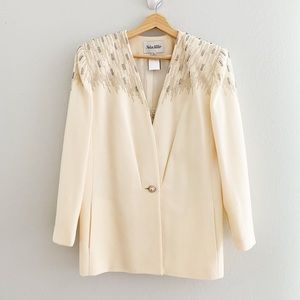 Nolan Miller - Vintage 3 Piece Wool Suit w/ Beaded Shoulder Detail (Cream) sz12